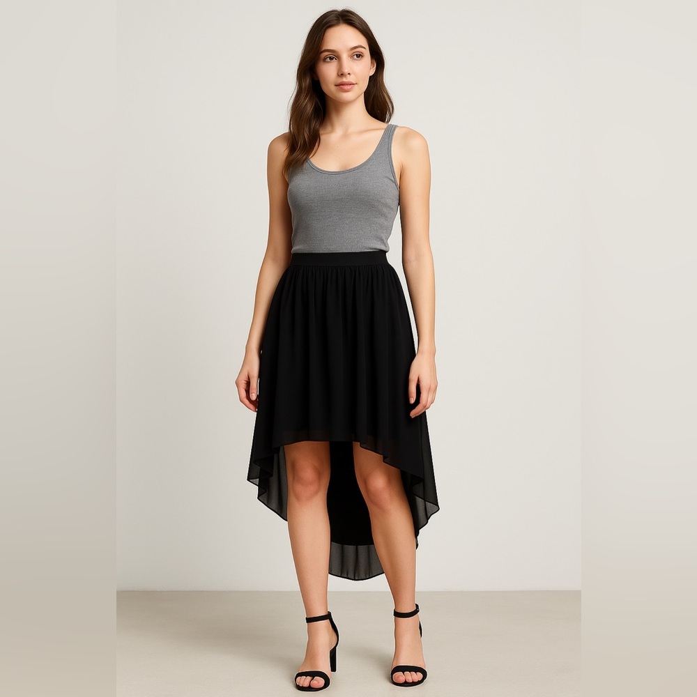 American‎ Eagle Outfitters 2 Black Chiffon High Low Skirt Asymmetrical AEO